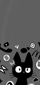 Digital wallpaper with a cute cat and app icons on a gray background.