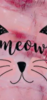 Cute cat-themed wallpaper with pink background and "meow" text.