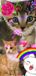 Cute and playful cat-themed mobile wallpaper with colorful hearts and a rainbow.