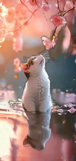 Cat gazing at blossoms with a serene, warm ambiance.