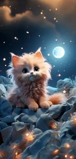 Fluffy kitten sitting under a starry sky with a glowing moon.