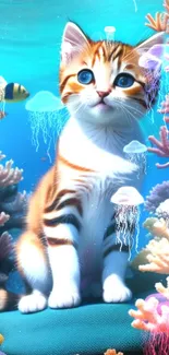 Cute cat among colorful corals and jellyfish in underwater scene.