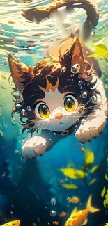 Playful cat swimming underwater surrounded by colorful fish and plants.