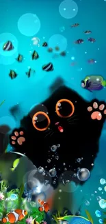 Black cat surrounded by fish in an underwater scene.