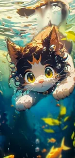 Cartoon cat swimming underwater with bubbles and fish