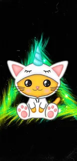 Cute cat unicorn on black and neon background.