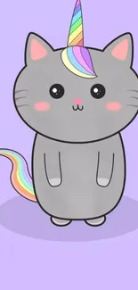 Kawaii cat-unicorn with rainbow on a lavender background.