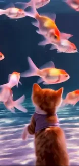 Cat gazes at vibrant fish in aquarium.