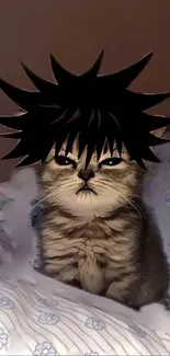 Cartoon-style kitten with anime hair on a bed.