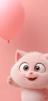 Adorable pink cartoon cat holding a balloon on pink background.