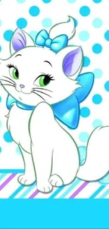 Cute white cat with blue bow and polka dot background.