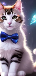 Cute cat with blue bow tie and mystical background.