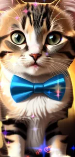 Adorable cat with green eyes and blue bowtie, sparkles in background.