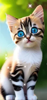 Cute cat with blue eyes and a sparkling background in a mobile wallpaper.