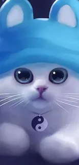 Cute white cat with blue hat and yin yang pendant.