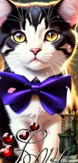 Adorable cat with purple bow tie and candle.