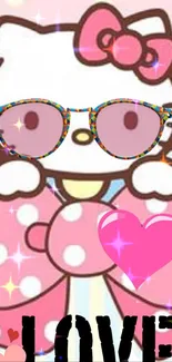 Cartoon cat with pink bow and sunglasses holding a heart.