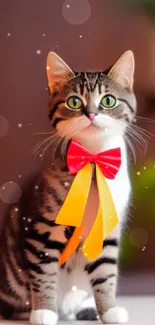 Adorable cat with a red and yellow bow tie in warm setting.