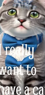 Cute cat with blue bowtie and text, 'I really want to have a cat.'