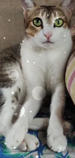 Cat with green eyes sitting on a cushion with light sparkles.