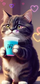 Charming kitten holding a blue bubble tea cup, ideal for a cute mobile background.