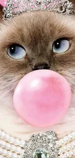 Cute cat with tiara blowing pink bubblegum