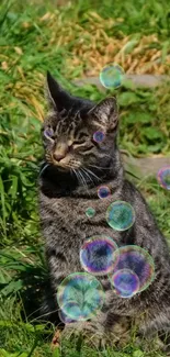 Tabby cat sitting on grass with colorful bubbles floating around.