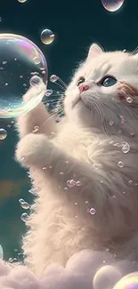 Fluffy kitten plays with bubbles in a dreamy night sky wallpaper.