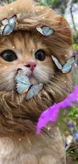 Adorable fluffy cat with butterflies amidst nature.