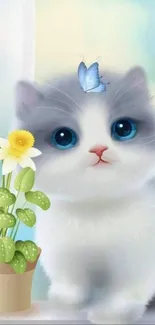 Adorable kitten with butterfly on head beside flowers.