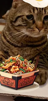 Adorable cat with cartoon noodles bowl