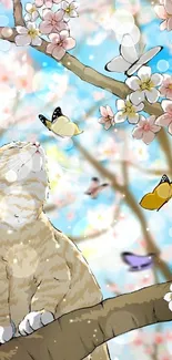 Cat on branch with cherry blossoms and butterflies in a spring scene.