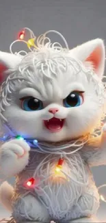 Adorable white kitten wrapped in festive colorful lights.