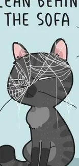 Cartoon cat with cobwebs, light blue background.