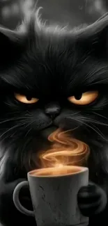 Cute black cat holding a steaming coffee