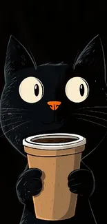 Cartoon black cat holding a coffee cup.