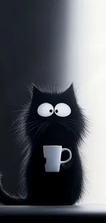 Cartoon cat holding coffee cup in black and white wallpaper.