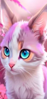 Cute kitten with blue eyes and pink floral background.