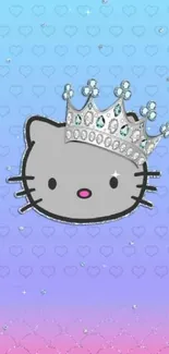 Cartoon cat with crown on blue-pink background.