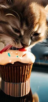 Fluffy kitten licking a colorful frosted cupcake.