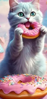 Adorable cat with a pink donut in a whimsical candy setting.