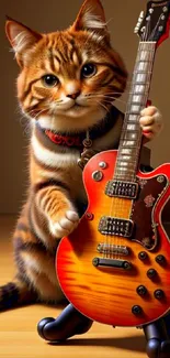 Adorable cat holding an electric guitar on a wooden floor.