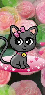 Cartoon cat with pink bow on floral background, hearts floating.