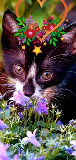 Black and white kitten with purple flowers and a floral heart crown.