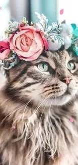 Adorable tabby cat with a colorful flower crown in soft lighting.