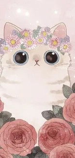 Cute cat with flower crown among roses.