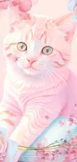 Pink cat with floral frame and roses on a pastel background.