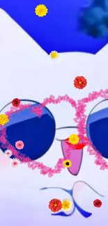 Cartoon cat with floral heart sunglasses on blue backdrop.