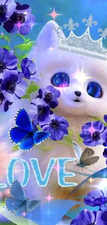 Cute cat with crown and purple flowers, blue butterflies.