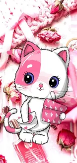 Cute pink and white kitten with roses and love text.